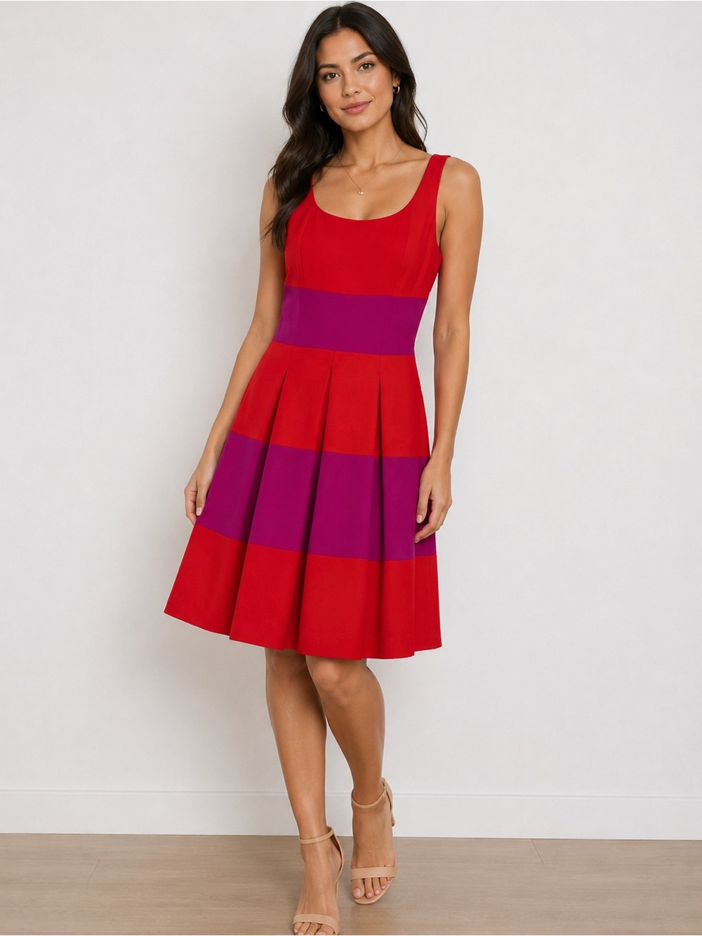 Banana Republic Size 4 Red Pink Colorblock Fit & Flare Pleated Dress
